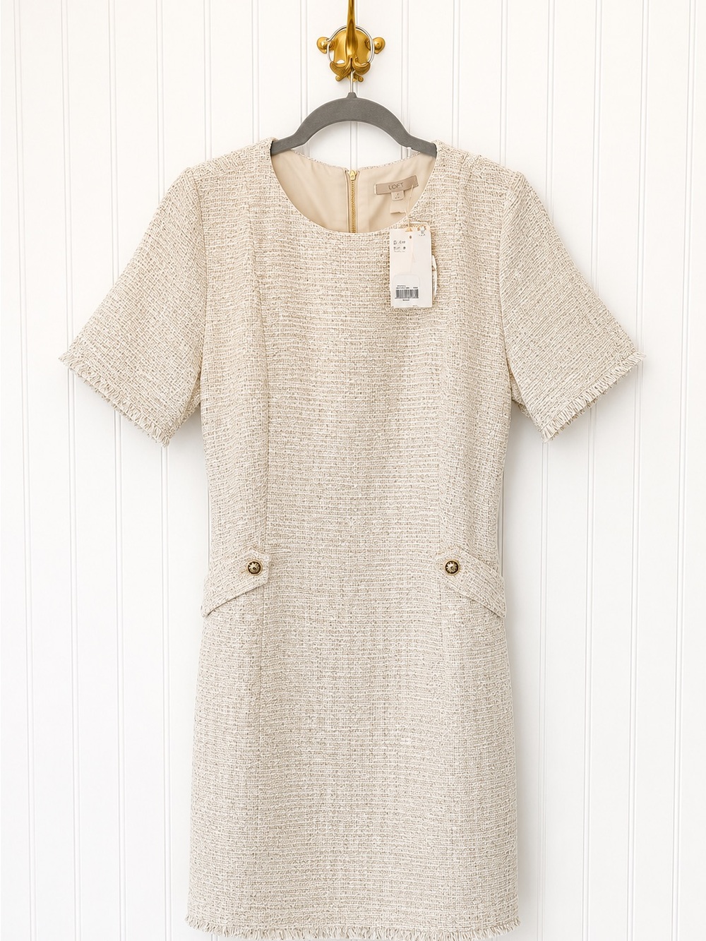 H&M NWT Cream Tweed Shift Dress Gold Button Detail Lined Size Medium